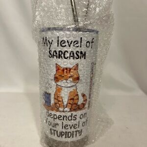 NWT NIB New Stainless Steel 24 Oz Cat Sarcasm Tumbler With Lid, Straw, & Brush